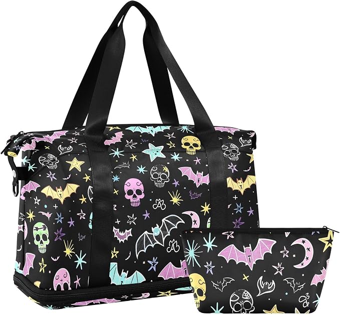 Travel Duffel Tote Bag Gothic Bat Skull Moon Sports Duffel Bag with Wet Pocket Weekender Overnight Bag for Women Men Gym Bag, Carry On Bag Hospital Bag for Labor and Delivery - Image 7