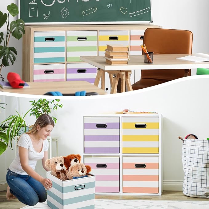 CroBlissful 11 Inch 6 Pack Fabric Storage Cubes with Metal Handles, Back to School Collapsible Organizer Bins for Classroom, Closet, Student Room, Toys and School Supplies (Macaron Color) - Image 6