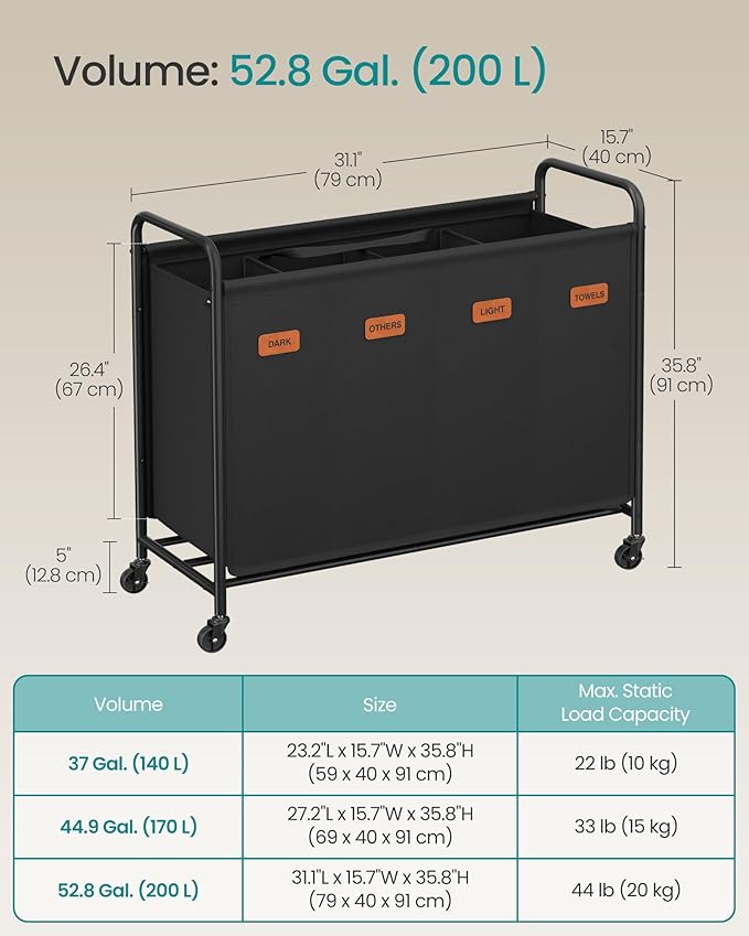 SONGMICS 4-Section Laundry Sorter, Laundry Hamper with Wheels, Rolling Clothes Hamper Cart with Large Capacity and Removable Bags, for Laundry Room, Bedroom, Bathroom, Ink Black URLS460B01 | Rolling Clothes Hamper Cart, Large Capacity, for Laundry Room... - Image 6