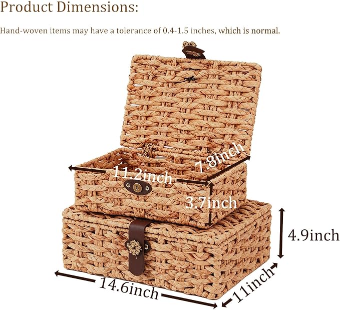 Set of 2 Water Hyacinth Wicker Storage Baskets with Lid | Rectangular woven decorative bins for shelf desktop home organization decor - Image 9
