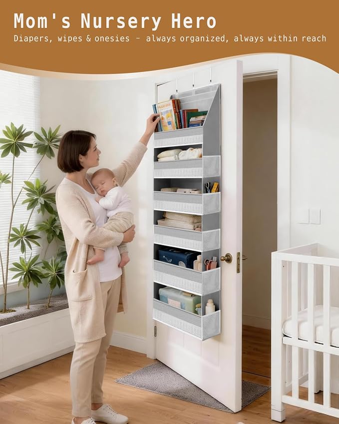 KMSCO Over The Door Organizer 6 Large +13 Mesh Side Pockets | 55lbs capacity, heavy duty non-woven fabric.Ideal for nursery, bathroom, pantry, closet. Grey, 2 Pack - Image 9