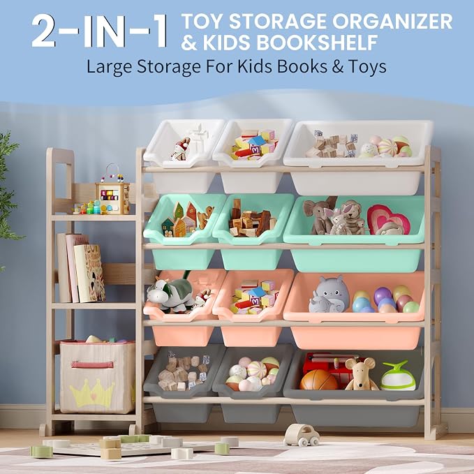Toy Storage Organizer - Toy Organizers and Storage with Bookshelf, Toy Storage Shelf with 3 Shelves and 12 Storage Bins, Kids Bookshelf and Toy Storage for Kids Room, Playroom, Nursery, Multi color - Image 8