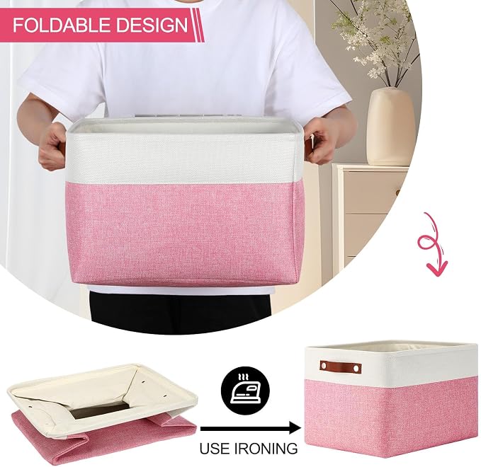 Uiifan 8 Pack 16 x 12 x 10 Inch Large Storage Baskets Collapsible Fabric Storage Cubes Bins with Handles for Shelves Closets Nursery Home Clothes Toys Organizers, Pink - Image 7