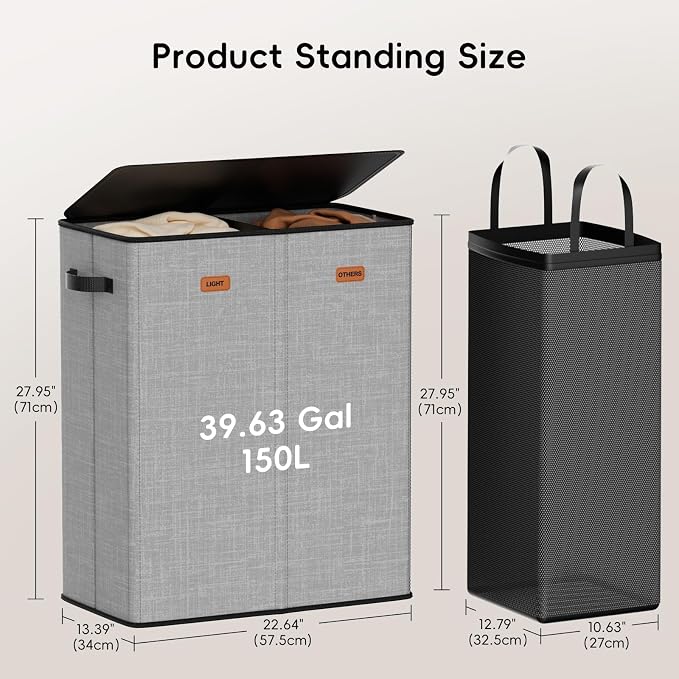 150L Double Laundry Hamper With Lid, Large Clothes Hampers with Removable Bag, Laundry Hamper 2 Section for Bathroom, Bedroom, Laundry Room, Dorm, Grey - Image 6