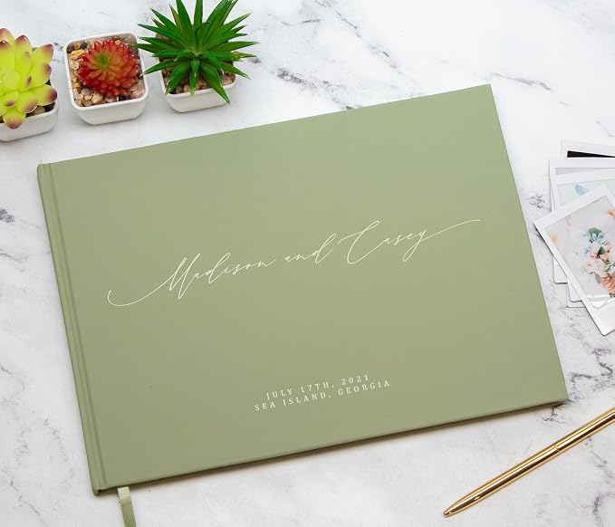 Personalized Guestbook in Sage - Premium Custom Modern Guest Book for Wedding Reception, Birthday Party or Events w/Bookmark Blank Pages for Signing 11.5 x 8.5 inches - Image 7