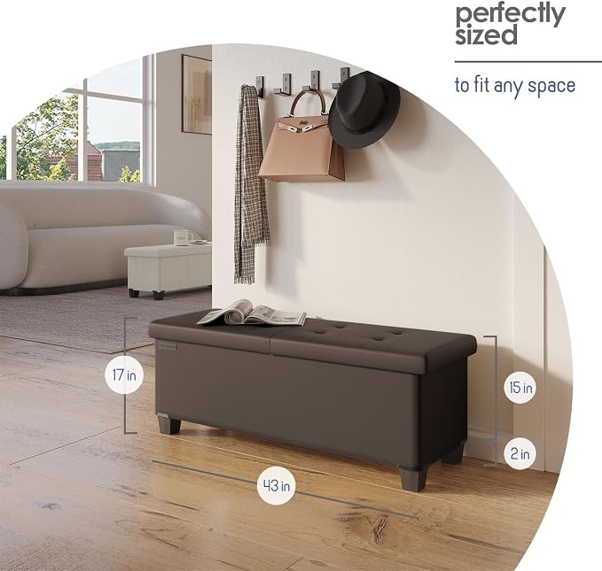 Storage Ottoman Bench with Bins, 43-in Storage Bench for Bedroom End of Bed, Folding Foot Rest Ottoman for Living Room Max 660lbs, Faux Leather Ottomans, Brown - Image 9