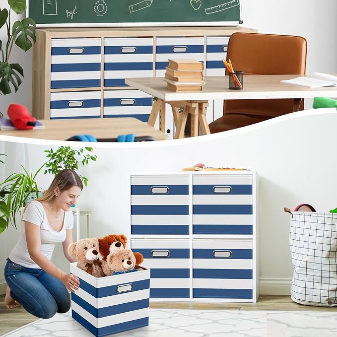 CroBlissful 11 Inch 6 Pack Fabric Storage Cubes with Metal Handles, Back to School Collapsible Organizer Bins for Classroom, Closet, Student Room, Toys and School Supplies (Blue and White) - Image 6