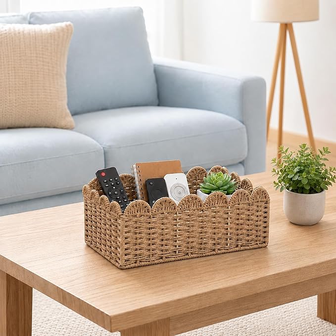 4 Pack Foldable Scalloped Basket, Handwoven Wicker Storage Baskets for Shelves Books Toys Towels, 14" L x 10.5" W x 6" H Natural Paper Rope Rattan Baskets for Organizing Boho Farmhouse Home Decor - Image 9