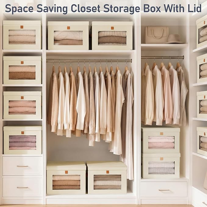 DIMJ Storage Bins with Lids - 4 Pack Front Opening Stackable Fabric Storage Boxes with Clear Window & Handles, Collapsible Closet Organizers for Clothes, Sweaters, Shelf Storage, Bedroom, Beige - Image 7