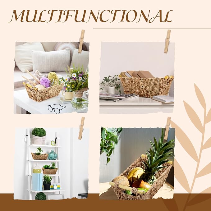 Marsui 12 Pcs Small Hand Woven Wicker Baskets with Wooden Handles, Seagrass Rattan Storage Baskets Bin Organizer Shelf Pantry for Bathroom Storage Towel Kitchen Washroom Gifts Decor, 9" x 6" x 4" - Image 7