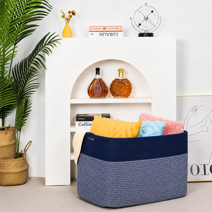 112L Extra Large Blanket Basket Holder Living Room, 25"x17"x16" Rectangle Rope Woven Storage Basket with Handles for Laundry, Towels, Shoes, Dog Toy Organizer Bin Box, Navy Blue - Image 7