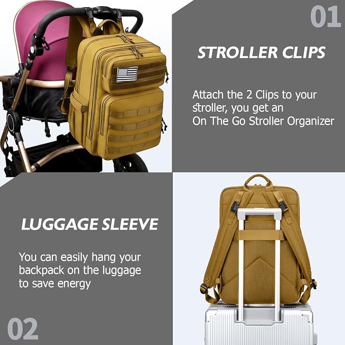 Large Dad Diaper Bag Backpack, Tactical Style, Brown | Stroller Clips, Luggage Sleeve for Travel, Insulated Pockets - Image 7