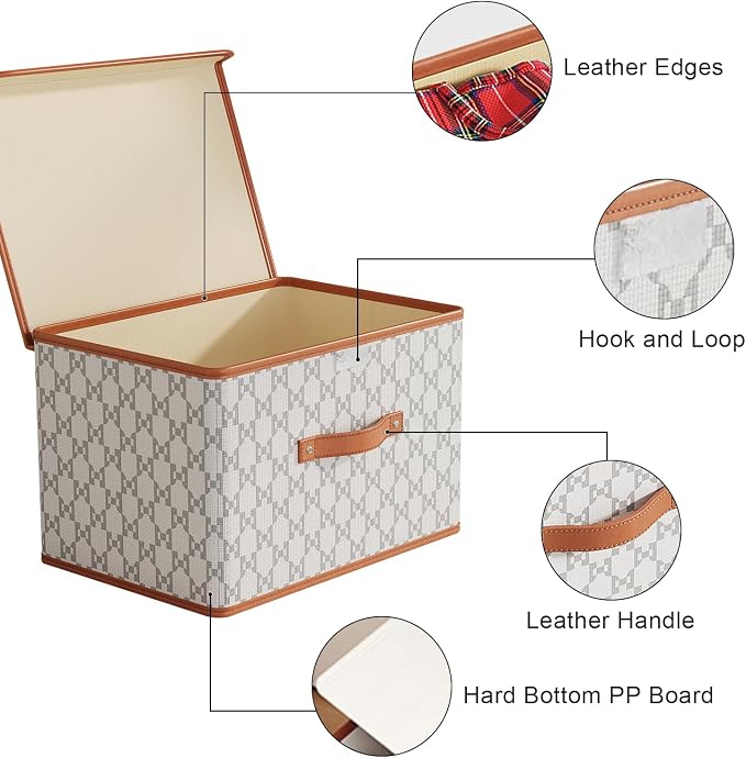 Tuza 4 Pack Fabric Storage Bins with Lids, Collapsible Closet Organizer Container, Decorative Storage Boxes with Lids for Organizing Clothes, Blanket, Grey & White, Medium - Image 6