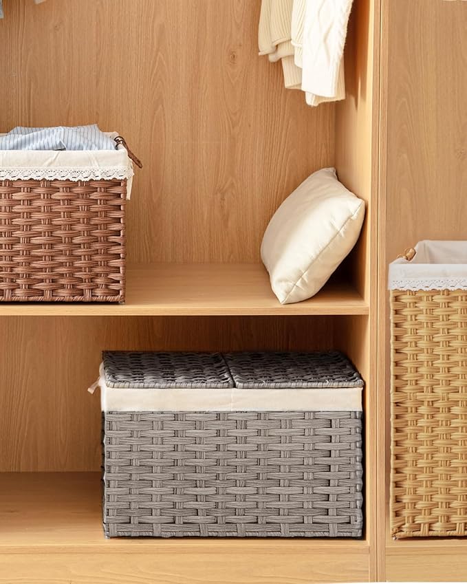 SETVSON Storage Basket with Lid, PE Rattan Woven Storage Bin, Gray | Dual Lid Blanket & Clothes Organizer, Divided Storage Bin, 2 Washable Liner Bags, Collapsible PE Rattan Trunk - Image 7