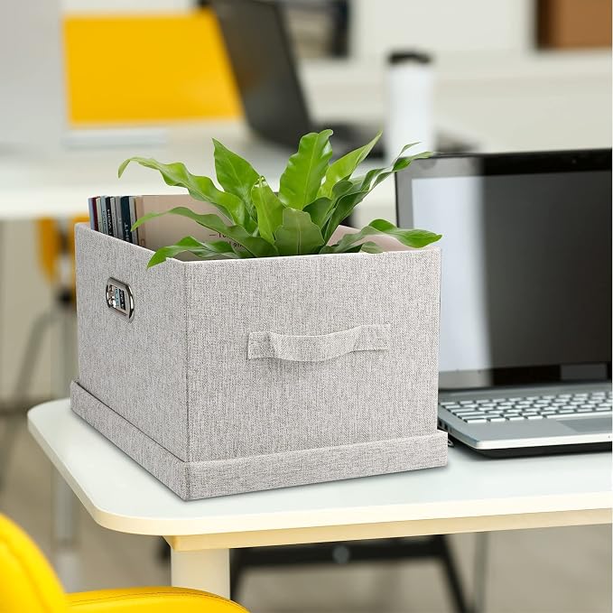 Storage Bins with Lids Fabric Closet Organizers Cubes Office Organization | 21 Quart 5 Pack Beige Collapsible Stackable Linen Fabric 4 Handles Bedroom Closet Cabinet Under Bed Clothes Toy Office File - Image 7
