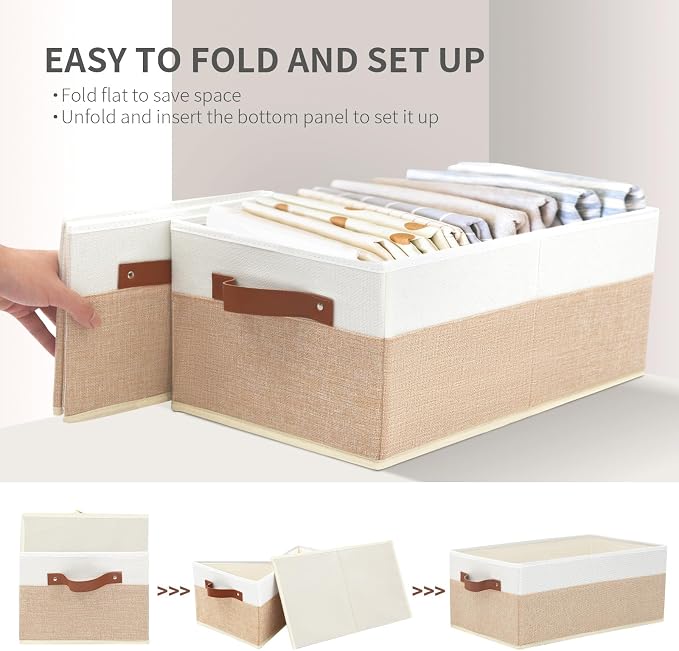 Closet Organizer Bins 3 Pack, Large Storage Bins for Shelves | Foldable Closet Storage Boxes Baskets with Leather Handles for Organizing Clothes, Sheets, Jeans, Toys, Books(Begie) - Image 7