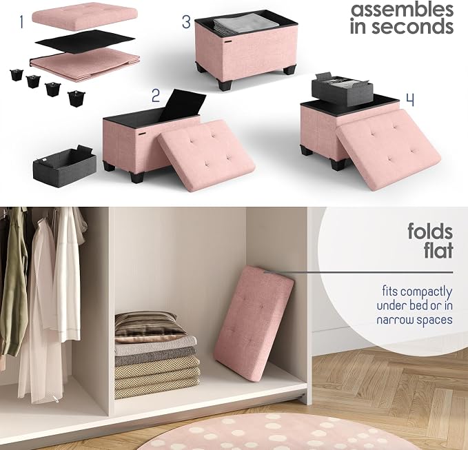 Storage Ottoman Cube with Small Bin, 16-in Square Ottoman with Storage for Living Room and Bedroom, Small Ottomans Foot Rest, Fabric Foot Stools Ottomans Max 330lbs, Pink - Image 9