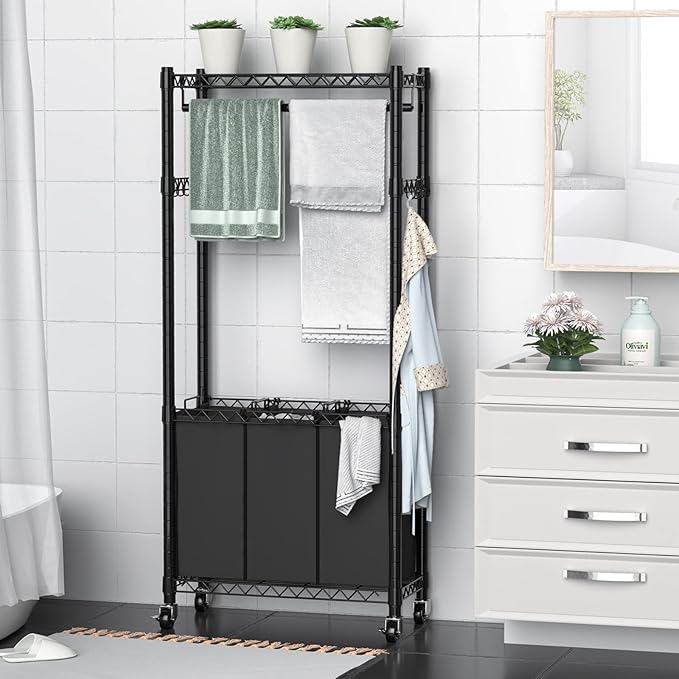 Hodonas Rolling Laundry Basket with Wheels and Hanging Bar, Black | 3 Section, with 3 Removable Bags, with 2 inches Wheels, Suitable for Storing Clothes in Laundry Bedroom Bathroom - Image 7