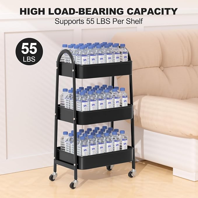 3 Tier Rolling Cart, Large Metal Storage Cart with Handle and Lockable Wheels, Big Multifunctional Storage Organizer Trolley with Mesh Baskets for Kitchen, Living Room, Office, Garage (Black) - Image 6