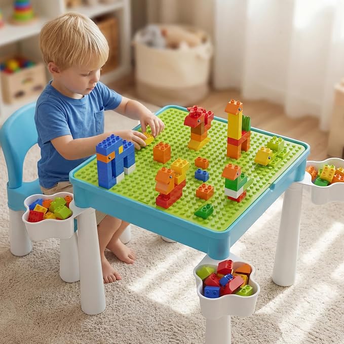 burgkidz Toddler Building Table Set: 1 Chair 128 Blocks Storage Box Blue | Leakproof top for sand/water. Sturdy ABS, smooth edges. 1 chair & 128 bricks. Ideal 3+ yrs indoor/outdoor. Great gift - Image 9