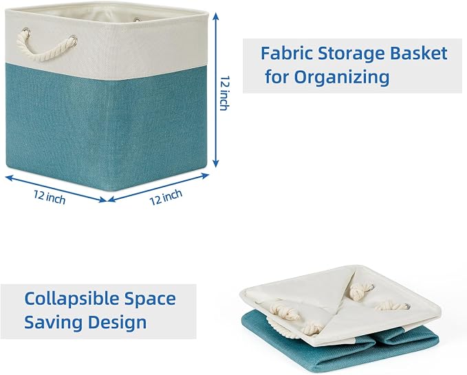 Temary Cubes Storage Baskets 12 Inch Cube Storage Bins for Shelf, Fabric Storage Cubes for Gift Empty Baskets for Home, Collapsable Box Basket for Storage (White&Teal) - Image 7