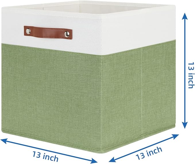 Temary 13 Inch Cube Storage Bin 4 Pack Fabric Storage Cubes Fabric Storage Bin for Shelf, Cube Storage Basket with Leather Handles(White&Green) - Image 7