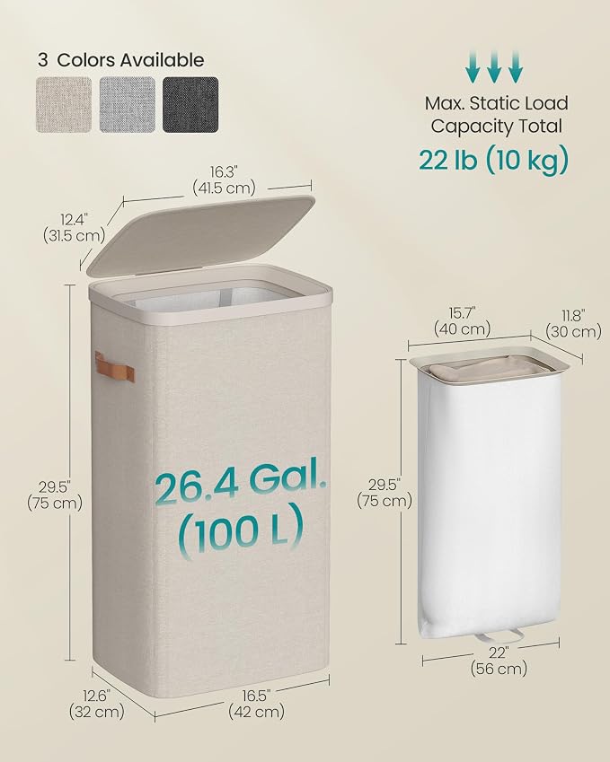 SONGMICS Laundry Basket, 26.4 Gal. Laundry Hamper, Easy Assembly, with Lid and Handles, Removable Liner, 16.5 x 12.6 x 29.5 Inches, Cappuccino Beige ULCB811LH01 - Image 6