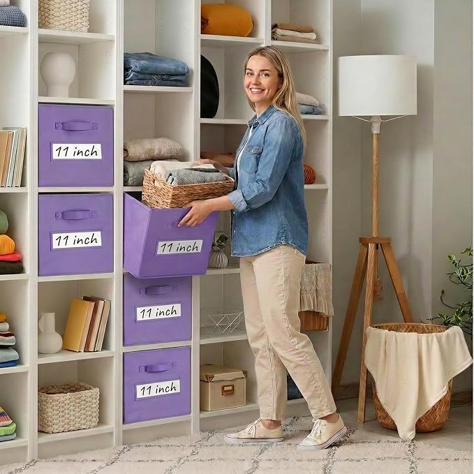 Storage Bins,11 Inch Cube Storage Bin with Labels,6pcs,Purple | Fabric Storage Cubes for Shelves,11 Inch storage cube bins with 6 Labels Window Cards & a Pen. - Image 7