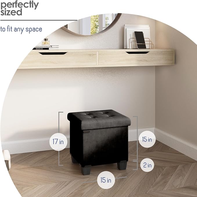 Storage Ottoman Cube with Small Bin, 15-in Square Ottoman with Storage for Living Room and Bedroom, Small Ottomans Foot Rest, Velvet Foot Stools Ottomans Max 330lbs, Black - Image 9