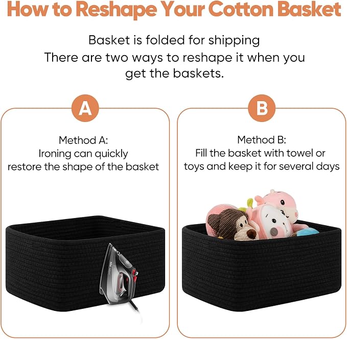 OIAHOMY 4 Pack 14.17 * 11.02 * 6.3IN Storage Baskets for Organizing Shelves, Woven Rope Baskets for Organizing Books, Clothes, Decorative Basket for Living Room, Nursery, Bedroom, Gift Basket, Black - Image 7