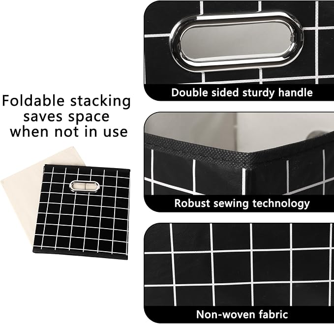 Yunkeeeper storage bins Cubes, Fabric Cube Organizer with Handle, Foldable Cube Bins for Cloth or Accessary Storage, 11x11x11, Set of 3,(Black grid) - Image 7