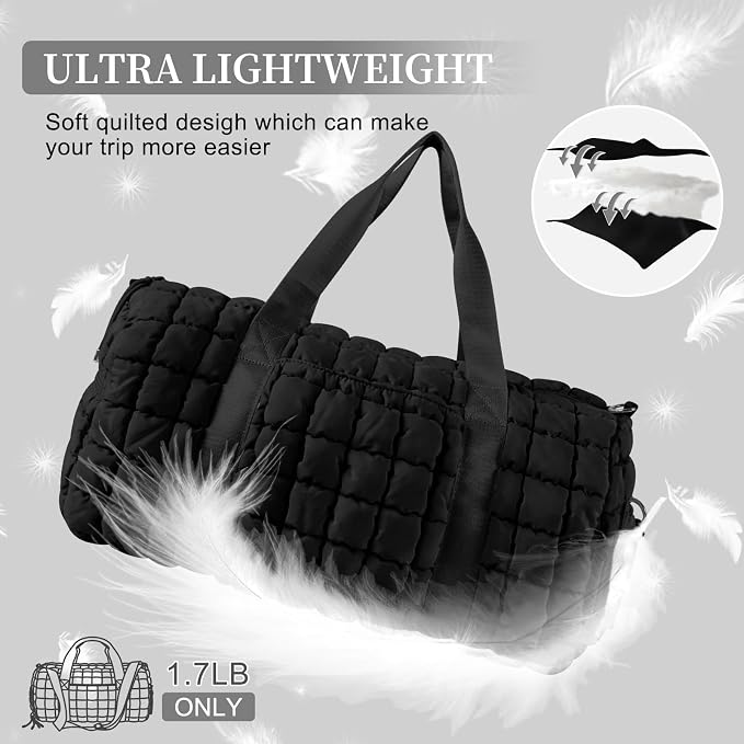 Quilted Travel Duffle Bag Gym Bag for Women,Large Puffer Duffle Weekender Bag with Compartment,Workout Overnight Carry on Organizer Bag Duffle Bag for Airplane Travel(L-Black) - Image 8