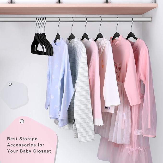 BAGAIL 50 Pack Kids Velvet Hangers 14 Inches Children's Clothes Hangers Non-Slip Baby Hangers for Infant/Toddler (Black) - Image 6