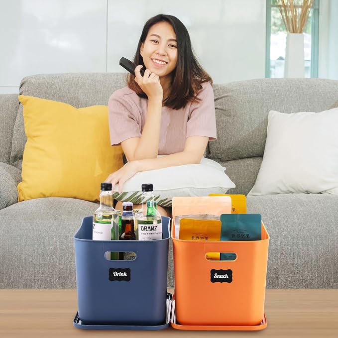 8 Pcs Plastic Storage Bins Stackable Baskets with Lid and Handle Colorful Desktop Storage Box Cubby Containers for Shelf Bedroom Office, Include 1 Erasable Marker, 16 Stickers (14 x 10 x 9 In) - Image 7