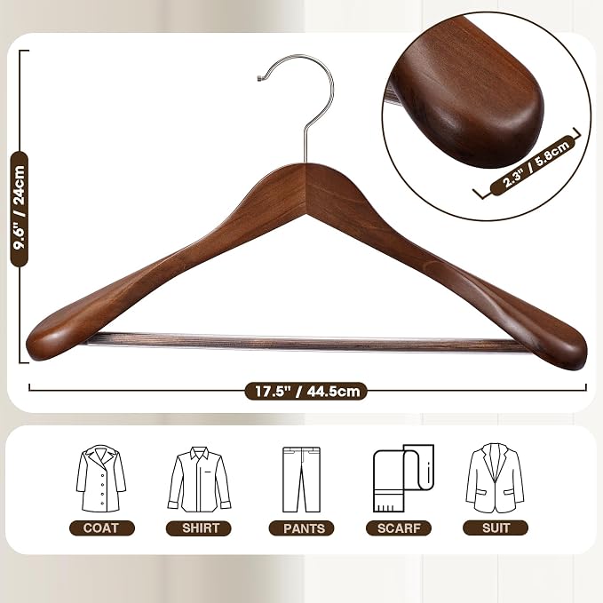 Suit Hangers 6 Pack,Wide Shoulder Wooden Hangers,Solid Wood Coat Hangers with Heavy Duty Retotating Hooks & Non Slip Pants Bar,Smooth Finish Clothes Hanger for Sweater, Pants, Jacket(Walnut) - Image 7