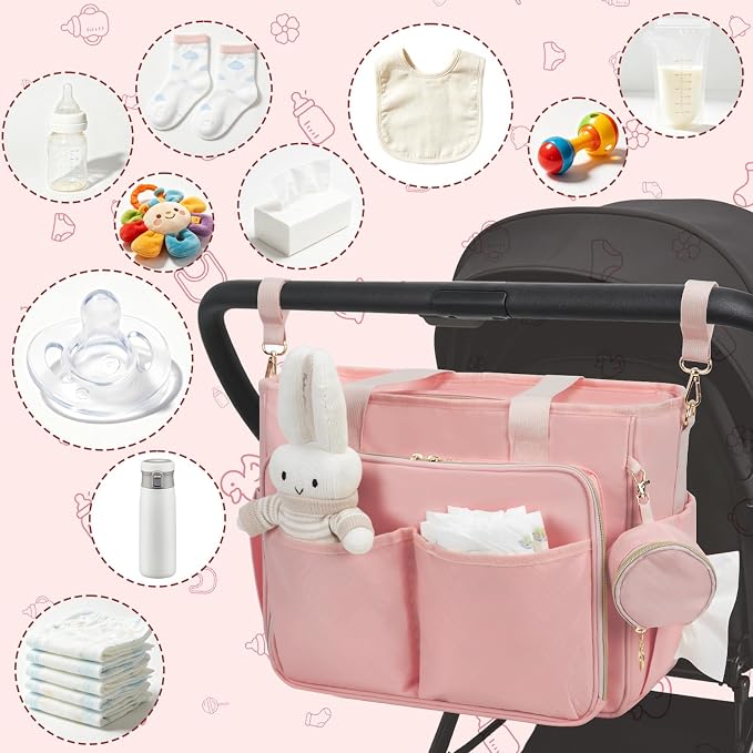 GDNasist Diaper Bag Tote, Large Travel Hospital Bag for Labor Delivery | Baby Bag with Pacifier Case, Large Capacity Travel Diaper Case with Changing Pad & Stroller Clips - Image 8