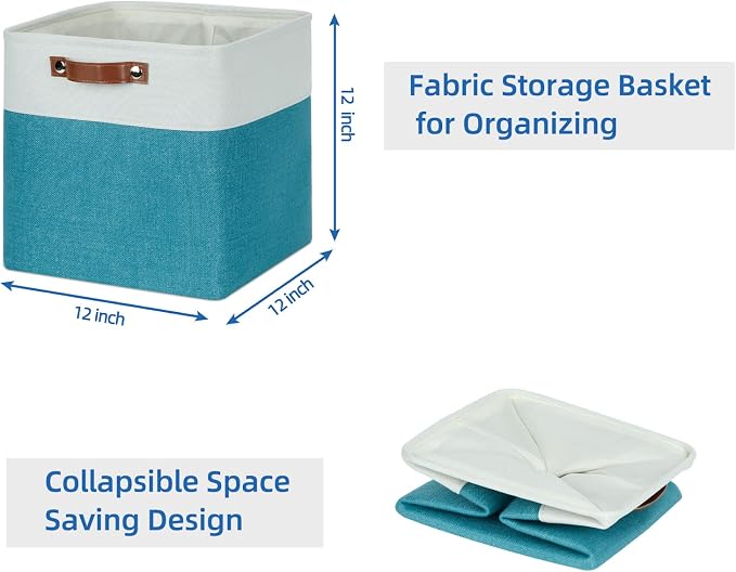 Temary Baskets Storage 12 Inch Fabric Storage Cubes Storage Baskets with Handle, Large Cube Storage Bins for Storage Books, Blankets, Clothes Baskets for Gift (White&Teal) - Image 7