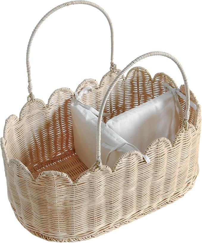 Premium Wicker Baby Diaper Caddy Organizer,Woven Scalloped Rattan Basket with Handle,Wicker Baby Carriage for Nursery (Scalloped Rattan Baby Diaper Caddy Organizer) - Image 8