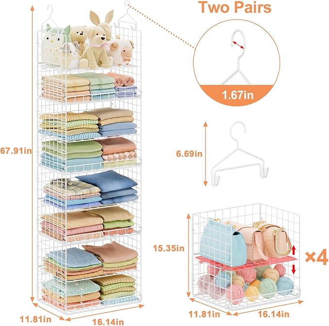 8 Tier Extended Width Hanging Closet Organizer, Sweater Storage for Closet Organizer System, Stackable Wire Basket Bins for Clothes Purse Shoes, Hanging Shelves with 4 Hooks & 4 Dividers Adjustable - Image 8