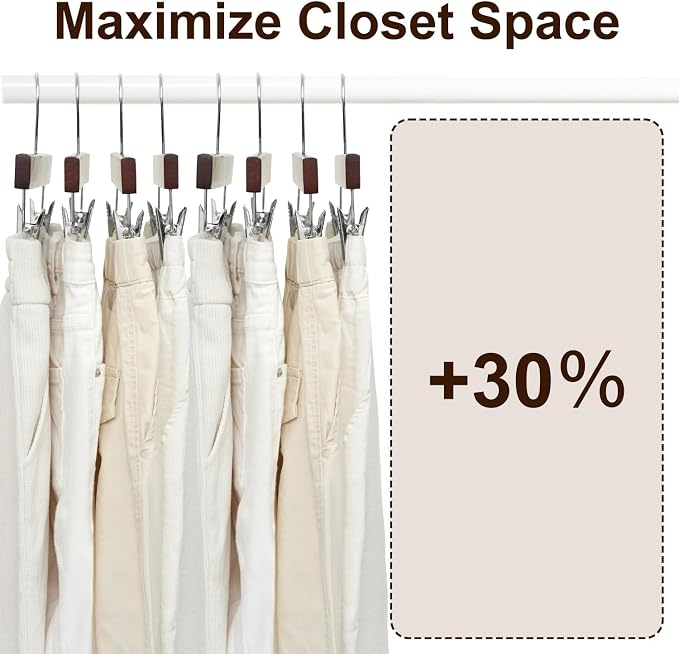 BAGAIL 20 Pack Wooden Pants Hangers with Adjustable Clips, 360°Swivel Hook Space Saving Skirt Holders with Anti-Rust Clips for Trousers, Jeans, Shorts(Walnut) - Image 7