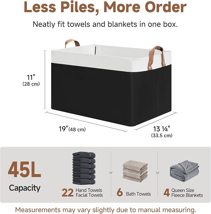 StorageWorks Fabric Storage Bins, Black and White, Jumbo, 2-Pack | With Reinforced PU Handles, 45L, Metal Frame, Collapsible, Storage Basket for Shelves, Closet, Holds Clothes, Towels, Blanket - Image 6