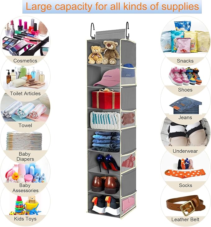 Large-Sized Hanging Shoe Organizer 8-Shelf, Hanging Closet Organizer with 8 Side Pockets, Wider Hanging Shelves for Storage Shoes Clothes 9" W × 11.8" D× 48" H, Grey - Image 6