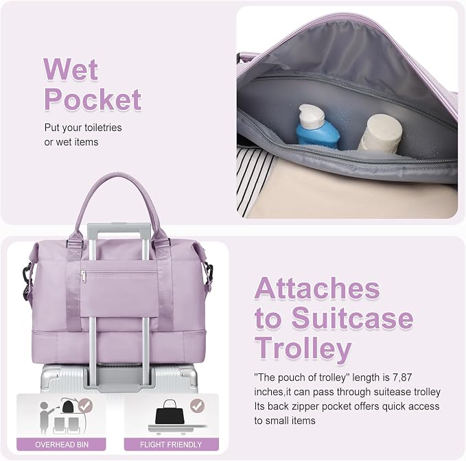 Large Weekender Bags for Women, Travel Duffel Bags with Shoe Compartment,Personal Item Travel Carry on Overnight bag for women Travel Set,Purple - Image 6