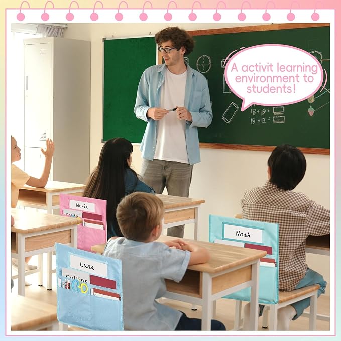 gisgfim 12 Pcs Chair Pockets for Classroom 16.7 x 19.3 Inch s with Name Tag Chairback 3 Pockets Chairs Seat Back Organizer for Elementary School Daycare Home Supply (Pastel) - Image 7