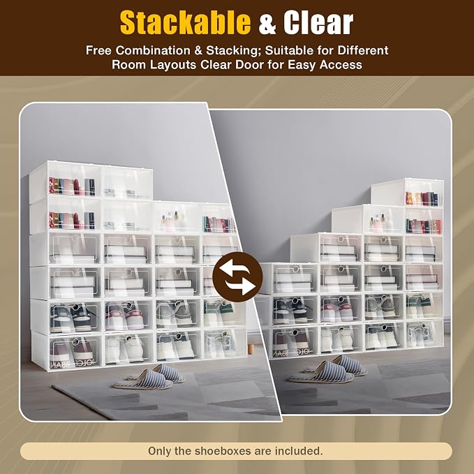 Modular Plastic Clear Shoe Storage Boxes, 24 Pack | Stackable, Ventilated, Front-Opening Door, Need Assemble, Fit up to Size 11/12, Shoe Organizer for Entryway Closet - Image 9