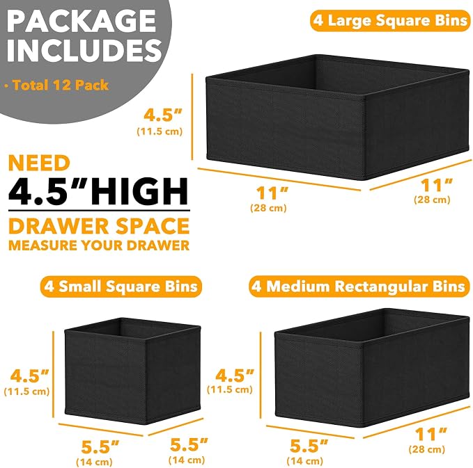 SpaceAid Drawer Organizer Clothes, 12 Pack Dresser Organizer Bins for Nursery, Closet Organization and Storage Dividers for Clothing, Baby Clothes, Underwears, Socks (Black) - Image 6