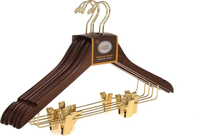 Quality Wooden Skirt Hangers with Clips, 10-Pack Smooth Solid Wood Pants Hangers with Durable Adjustable Metal Clips, Swivel Hook, Coat, Jacket, Blouse Suit Hangers (Walnut - Gold Hook, 10) - Image 8