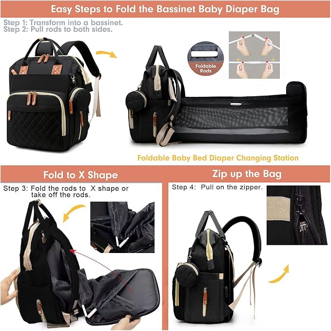 Diaper Bag with Changing Station, Waterproof 3 in 1 Diaper Backpack with Foldable Changing Pad, Insulated Bottle Holders,Large Travel Backpack for Mom & Dad, Baby essentials,Black - Image 9