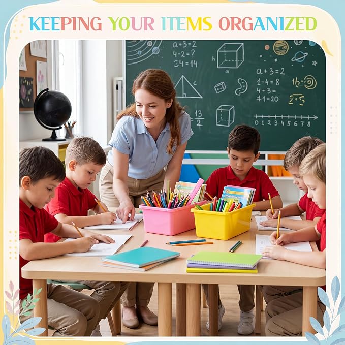 Thyle 12 Pieces Plastic Cubby Bins with Labels Classroom Book Bins Stackable Storage Container Durable Toy Storage Organizer Baskets for School Classroom Office (Classic,Light Color) - Image 7