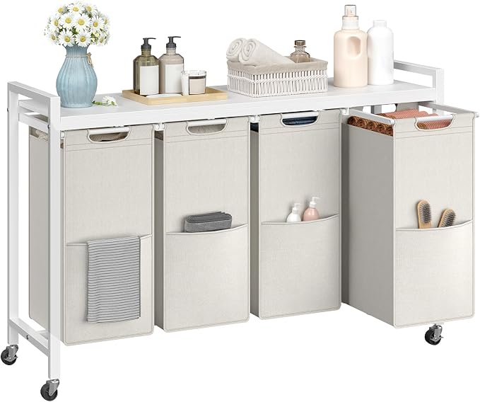 HOOBRO Laundry Sorter 4 Sections, Laundry Hamper with Wheels, 4 × 10.5 Gal (40 L), Rolling Laundry Basket, Pull-Out and Removable Oxford Fabric Bags, White WG04XY01 - Image 8
